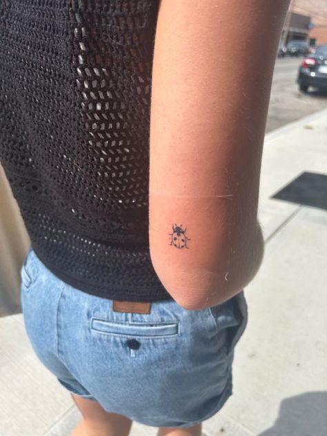 Cute Dainty Tats, Fun Feminine Tattoos, Last Bug Tattoo, Ladybug Tattoo Placement, Ladybug Elbow Tattoo, Ladybug Knee Tattoo, Ladybug Tattoo Linework, Doodle Bug Tattoo, Lady Bug Fine Line Tattoos