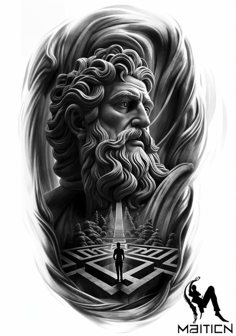 Tattoo Design Portrait, Tattoo Black Grey, Black Grey Tattoo Design, Grey Tattoo Design, Sculpture Tattoo, Hercules Tattoo, Atlas Tattoo, Black Grey Tattoo, Poseidon Tattoo