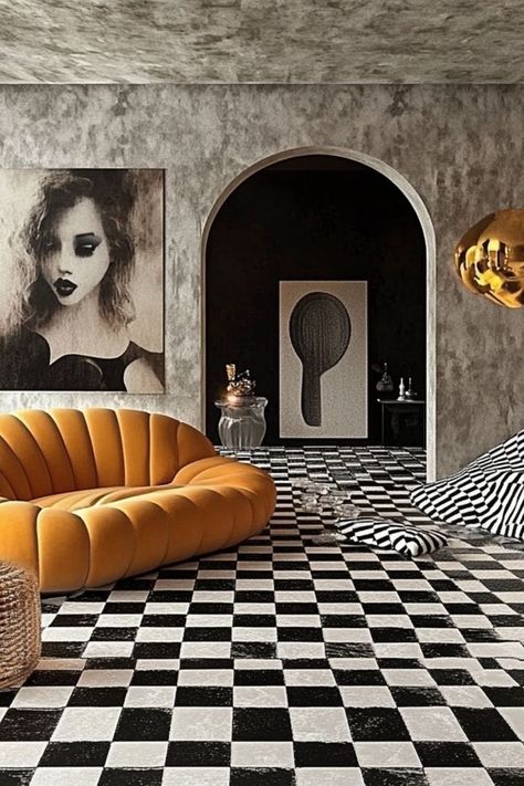 Add a playful twist with checkerboard decor in stylish patterns and colors. #CheckerboardDecor #FunSpaces #ModernDesign Checkered Room Aesthetic, Checkerboard Decor, Chequered Floor, Checkered Room, Checkerboard Aesthetic, Vintage Apartment, Floor Apartment, Living Room Design Ideas, Checkerboard Pattern