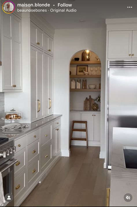 Transitional Butlers Pantry, Arched Butlers Pantry, Pantry Arched Door, Arch Pantry Entry, Arches In Kitchen, Corner Butlers Pantry, Arch Pantry, Narrow Butlers Pantry, Arched Pantry Door