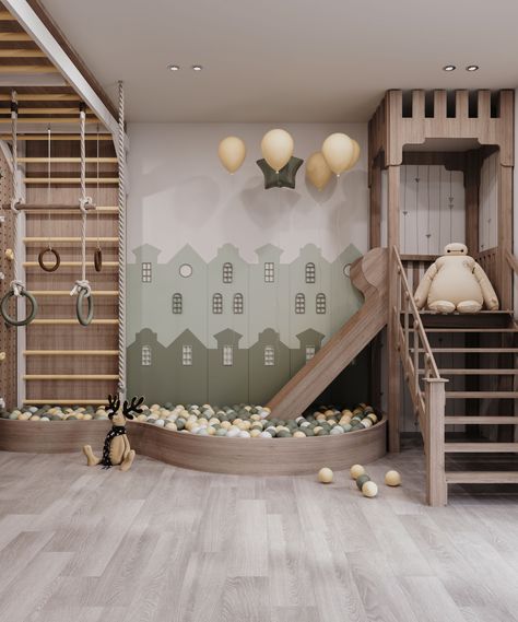 Kids Playing Room :: Behance Playroom With Rock Wall, Playroom For Grandkids, Kids Bedroom With Play Area, Playroom Inspiration For Kids, Kids Playroom Ideas Small Space, Indoor Playground Basement, Nature Playroom, Playroom In Basement, Cool Playrooms