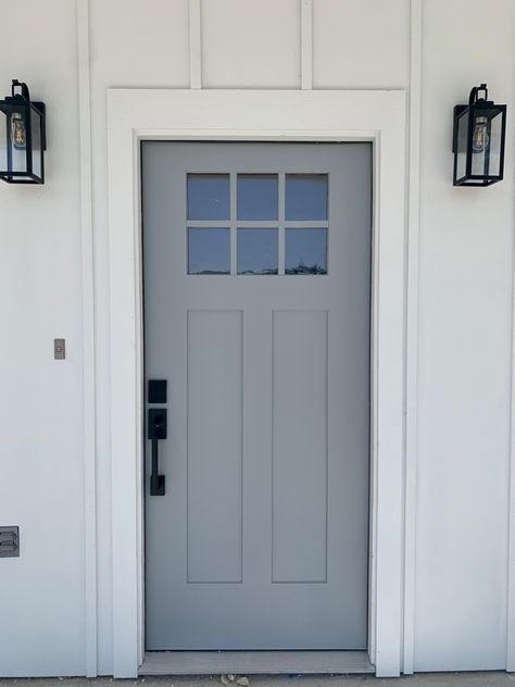 Light Grey Front Door Paint Colors, Blue Grey Door Exterior Paint, Sw Uncertain Gray Exterior, Sherwin Williams Stardew Front Door, White House Grey Door, Blue Gray Interior Doors, Blue Gray Front Door Sherwin Williams, Dusty Blue Front Door, Light Grey Front Door