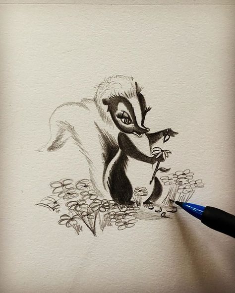 "He can call me flower if he wants to" #bambi #disney #flower #skunk #cartoon… Skunk Cartoon, Skunk Tattoo, Skunk Drawing, Skunk Art, Vintage Animation, Drawing Disney, Pretty Tattoo, Rough Sketches, Disney Clipart