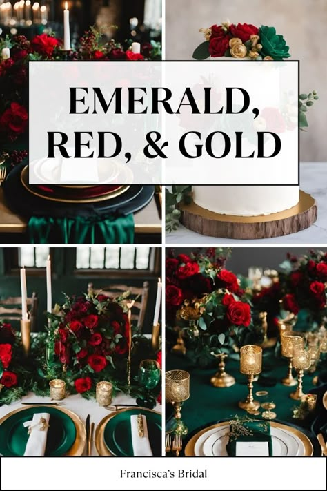 If you are looking for ideas to help you create your wedding color palette, then check out these beautiful emerald green, red, gold, and black wedding color ideas to help inspire you! | Wedding color schemes | Wedding color palettes | Wedding theme | Wedding theme ideas | Wedding colors | Wedding color inspiration | Wedding color ideas | Wedding themes | Wedding colors unique | Fall wedding color ideas | Winter wedding color ideas | Spring wedding color ideas | Summer wedding color ideas | Christmas Themed Wedding Color Schemes, Sage Green And Red Wedding Theme, Emerald Green Venue Decor, November Wedding Emerald Green, Emerald Green Wedding Theme Color Palettes, Red And Gold Christmas Wedding, Dark Green Red And Gold Wedding, Christmas Wedding Emerald Green, Emerald Red And Gold Wedding