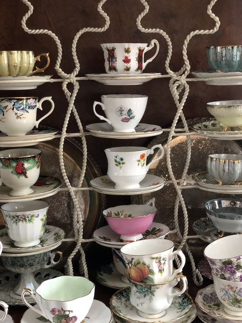 These 5-tier teacup stands are a great way to store and display teacups. I use them in my {overcrowded} china cabinet as well as on my sideboard when entertaining so guests can select their favorites. Tea Cup Display Ideas Shelves, Teacup Display Ideas, Tea Cup Display Ideas, Display Teacups, Tea Cup Storage, Wonderland Room, Tea Cup Display, Gift Shop Displays, Alice In Wonderland Room