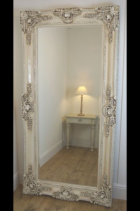 Ella mirror   Cream Ornate Leaner Antique Floor Mirror 80" x 40" X Large  Highly ornate antique style moulded frame. Ideally suited to elaborate and striking interior styles  William Wood Designs Ltd Big Storage Trade Park , Earl Road, Handforth, Cheadle Hulme, Cheshire SK8 6PT Large Victorian Mirror, Victorian Full Length Mirror, Framed Long Mirror, Big Antique Mirror, Big Body Mirror, Large Standing Mirror, White Floor Mirror, Antique Floor Mirror, Living Room Victorian