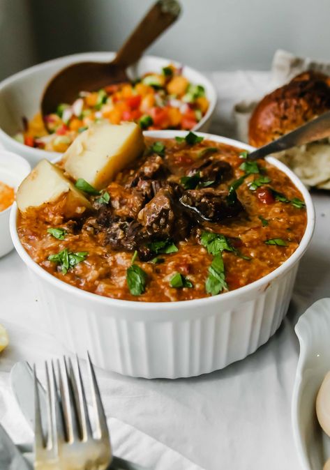 This Bukharian Jewish Meaty Rice Dish is the Crockpot Meal You Need | The Nosher Bucharian Recipes, Healthy Jewish Recipes, Kosher Dinner Recipes, Winter Mediterranean Recipes, Brisket In Instant Pot, Biblical Recipes, Brisket In Air Fryer, Reheat Brisket, Brisket In Oven