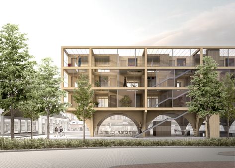 JAJA Wins Second Prize for Swedish Housing and Market Hall Hybrid | ArchDaily Social Housing Architecture, Architectural Ideas, Collective Housing, Mix Use Building, Student House, Apartment Architecture, Social Housing, Light Building, Architecture Rendering