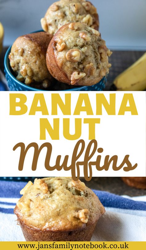 Easy moist homemade banana nut muffins recipe makes a perfect sweet afternoon treat or dessert. #banananutmuffins #banananutbread #muffins #muffinsrecipes #sweettreat Cheesecake Air Fryer, Homemade Banana Nut Muffins, Moist Banana Nut Muffins, Banana Nut Muffins Recipe, Easy Banana Nut Muffins, Nut Muffins Recipe, Family Notebook, Over Ripe Bananas, Ripe Banana Recipe