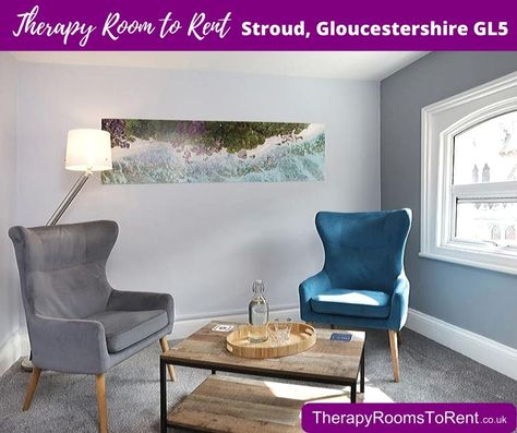 Counselling Talking Therapy Room to rent in Stroud, Gloucestershire with modern stylish interior design in calming peaceful grey and blue, for a counsellor psychotherapist, therapist, life coach, hypnotherapist and other talk therapies #therapistoffice #talkingtherapy #relaxing #calm #chairs #seating #TherapyRoomsToRent #counseling #counselor #counselling #counsellor #therapy #therapist #clinic #grey #minimal #aesthetic #modern #zen #decor #psychotherapy #lifecoaching #stroud #hypnotherapy Hypnotherapy Room Ideas, Counselling Room Design, Talking Therapy, Flex Room Ideas, Counseling Room, Light Blue Chair, Counselling Room, Mind Gym, Stroud Gloucestershire