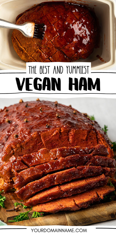 Sliced vegan Ham on a cutting board. Seitan Ham, Vegan Ham Recipe, Vegan Ham, Ham Gravy, Vegan Dinner Party, Vegan Meat Recipe, Seitan Recipes, Vegan Beef, Honey Ham