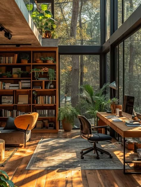 Office In The Woods, Room Decor Bedroom Minimalist, Office Decoration Ideas For Work, Work Desk Inspiration, Work Office Decor Ideas, Cosy Study, Loft Office Design, Ranch Office, Office Decorating Ideas For Work