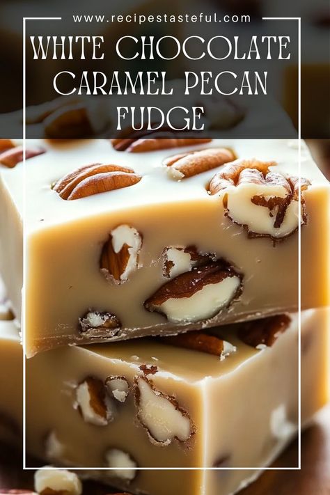 This creamy White Chocolate Caramel Pecan Fudge is a delightful treat combining sweet white chocolate, rich caramel, and crunchy toasted pecans. Easy to prepare and perfect for gifting or indulging, this fudge is sure to satisfy your sweet cravings! Caramel Pecan Fudge, Chocolate Pecan Fudge, Christmas Candy Ideas, Chocolate Caramel Fudge, White Chocolate Caramel, Pecan Fudge, White Chocolate Fudge, Caramel Fudge, Candy Ideas