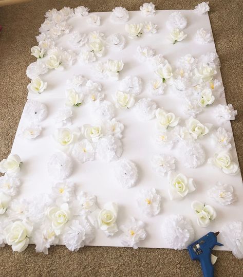 Diy Flower Wall For Bedroom, Fake Flower Backdrop Diy, Rose Backdrop Diy, Flower Photo Wall Diy, How To Make A Flower Backdrop Wall, Artificial Flower Wall Decor Ideas, Diy Large Flowers For Wall, Making A Flower Wall, Bridal Tea Party Backdrop