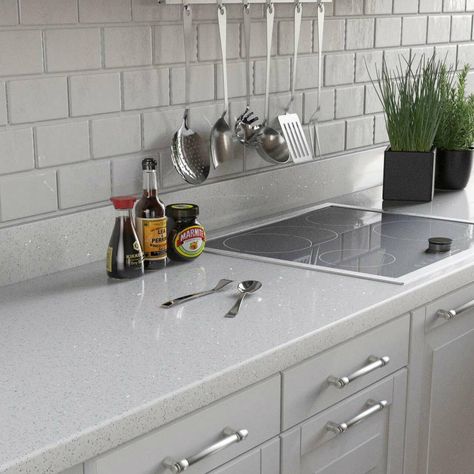 Kitchen Upstand, Tiles In Kitchen, Sparkle Kitchen, Kitchen 2020, Laminate Worktop, Laminate Kitchen, Extension Ideas, Kitchen Splashback, Kitchen Wall Tiles