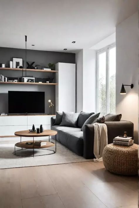 A Scandinavian living room with a sleek minimalist TV unit and hidden Minimalist Tv Unit, Modern Apartment Furniture, Minimalist Scandinavian Living Room, Modern Scandinavian Living Room, Minimalism Living Room, Scandi Living Room, Scandinavian Living Room, Dark Modern, Modern Living Room Interior