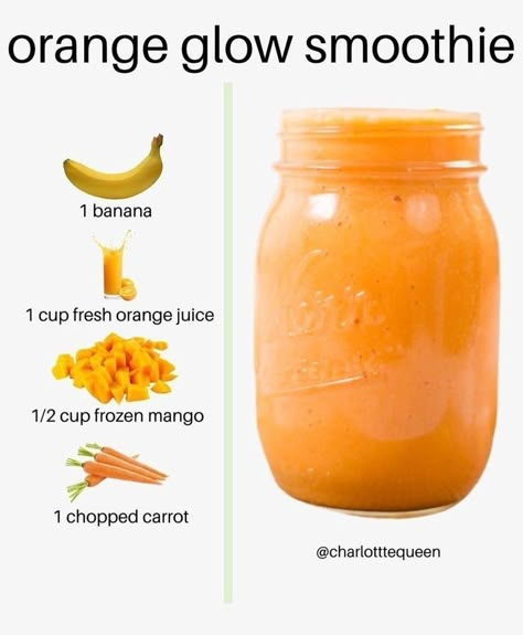 Glow Smoothie, Resep Smoothie, Fruit Smoothie Recipes Healthy, Frozen Mango, Orange Smoothie, Easy Healthy Smoothies, Smoothie Recipes Healthy Breakfast, Orange Glow, Smoothie Drink Recipes