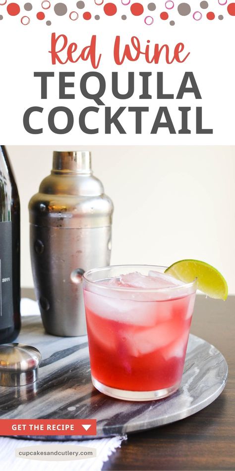 A red cocktail in a glass on a tray next to a cocktail shaker. Mixed Drink Ideas, Tequila Cupcakes, Cocktails With Tequila, Kid Drinks Recipes, Wine Margarita, Tequila Mixed Drinks, Red Wine Drinks, Red Wine Cocktails, Tequila Soda