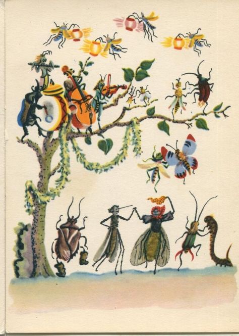 Illustration for Mukha-Tsokotukha (classic Russian children's book by Kornei Tschukovsky) by Vladimir Konashevich, 1963 Sweet Illustration, Bug Art, Childrens Books Illustrations, Insect Art, Arte Inspo, Bugs And Insects, Arte Animal, Art And Illustration, Illustration Inspiration