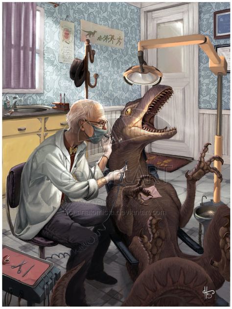 Norman Rockwell Prints Dentist | Dinosaur at the dentist by ~anatomista on deviantART Norman Rockwell Prints, Dentist Art, Norman Rockwell Art, Dental Posters, Rockwell Paintings, Norman Rockwell Paintings, Dental Art, Dental Humor, The Dentist