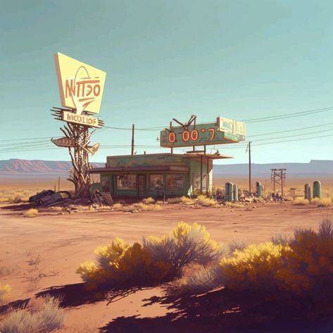 Fallout Landscape Art, Desert Aesthetic Landscape, Desert Concept Art Landscapes, Desert Gas Station Aesthetic, Space Cowboy Concept Art, Gta Concept Art, Abandoned Concept Art, Abandoned Gas Station Aesthetic, City Environment Concept Art