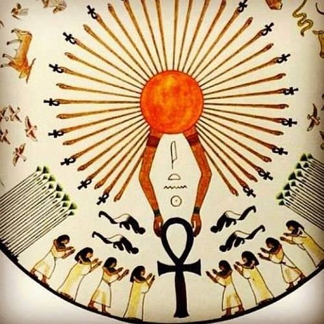 Aten. I think the Egyptians worshiped the god of the sun because he gave them gifts. Maybe such as light, that's an Important thing. But I don't know, just guessing. Kemet Egypt, Ancient Egypt Gods, Egyptian Artifacts, Ancient Egypt Art, Sun God, Egypt Art, Egyptian History, Ancient Egyptian Art, Ancient Mysteries