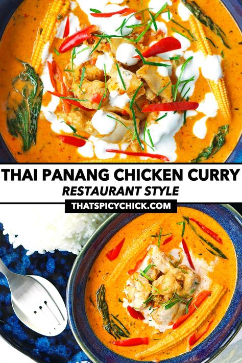 This Thai Panang Chicken Curry is full of rich, creamy, spicy and sweet nutty flavors! It’s quick and easy to make in just 40 minutes, customizable with your favorite veggies and protein, and irresistibly delicious with steamed rice! #panangcurry #Thaifood #weeknight #onepot #glutenfree #dairyfree #panang #curry #thaicurry #easyrecipes #dinner #chickencurry | That Spicy Chick Chicken Panang Curry Recipe, Panang Curry Chicken, Curry Panang, Panang Chicken, Chicken Panang, Thai Panang Curry, Panang Curry Recipe, Gluten Free Food Recipes, Thai Green Chicken Curry