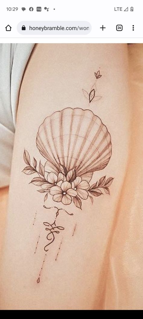 Leg Sleve Ideas Women, Seashell Bracelet Tattoo, Seashell With Flowers Tattoo, Floral Seashell Tattoo, Pink Seashell Tattoo, Seashell Flower Tattoo, Wave Flower Tattoo, Sea Shell Tattoos For Women, Beach Flower Tattoo