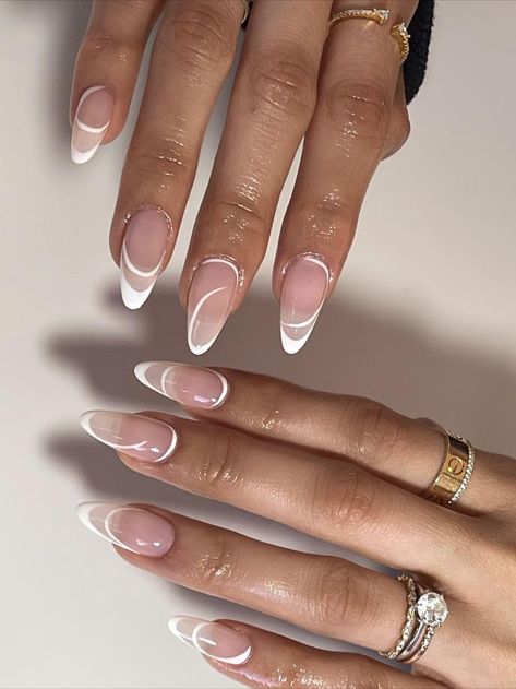 Cute Oval French Tip Nails, Short Almond Nails 2023, Curved French Tip Nails Almond, Asymmetrical French Tip, White And Clear Nails Design, Irregular French Nails, Curvy Lines Nails, French Tip Clear Base, Oval Biab Nails