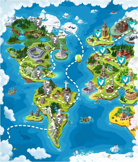 World map for the game on Behance Game Map Design, World Map Game, Map Game, Cartoon Map, Map Games, Minecraft Banner Designs, World Map Design, Game Map, Game 2d