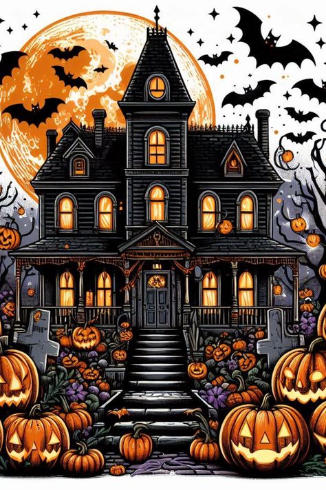 Halloween time, spooky and creepy haunted house. Mansion sized and surrounded by pumpkins and bats Spooky House Illustration, Dark Academia Journal Aesthetic, Haunted House Illustration, Academia Journal, Dark Academia Journal, Spooky Mansion, Tunnel Book, Evil Pumpkin, Mansion House