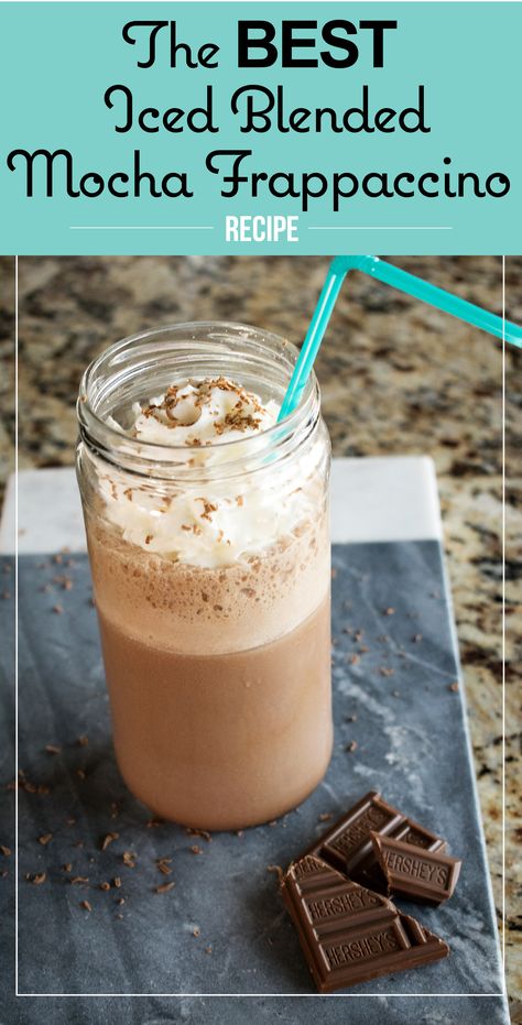 The BEST recipe for an Ice Blended Mocha Frappuccino! Tastes just like Starbucks and just like Coffee Bean and Tea Leaf Blended Mocha Recipe, Easy Mocha Frappe Recipe, How To Make Iced Mocha, Diy Mocha Frappuccino, Diy Mocha Frappe, Coffee Beans Photography, Coffee Bean Art, Mocha Frappuccino, Cold Coffee Recipes