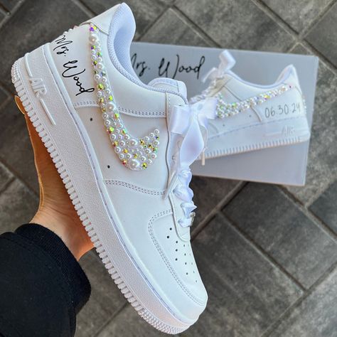 Wedding Bridal Air Force 1 wedding sneaker wedding shoe BRIDE Wedding Shoes Sneakers, Custom Wedding Shoes, Bridal Sneakers, Custom Af1, Wedding Sneakers, Custom Air Force 1, Wedding Vision Board, Wedding Ideas Dresses, 2025 Wedding