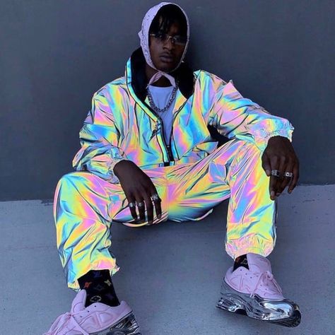 Colorful Techwear, Holographic Pants, Rainbow Rave Outfit, Holographic Fashion, Rave Outfits Festivals, Techwear Pants, Rave Party, Rave Outfit, Organization Diy