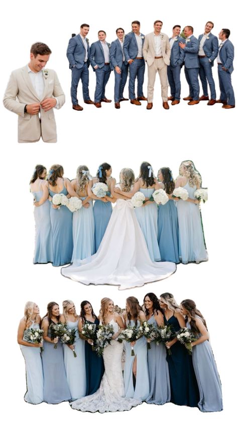 Groomsmen Dusty Blue Attire, Different Groom And Groomsmen, Blue And Khaki Wedding, Dusty Blue And Gray Groomsmen Attire, Dusty Blue Wedding Groom, Powder Blue Tuxedo Wedding, Beige Groomsmen Suits Blue Bridesmaid Dresses, Blue Bridesmaid Dresses With Tan Groomsmen, Blue Suit Wedding Colour Schemes