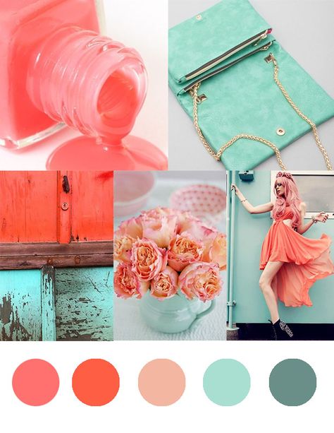 So I just found out that I am heading to Miami for a weekend in June, and decided to put together a beachy, bright, Miami-esque color palette for project inspiration. Fun sea-foam green and peachy … Coral Color Schemes, Coral Colour Palette, Wedding Themes Summer, Teal Coral, Color Schemes Colour Palettes, Bathroom Color, Color Inspo, Colour Board, Design Web