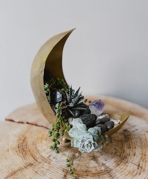 Wedding Centerpieces Celestial, Moon Centerpieces Wedding, Wedding Decor Crystals, Witch Wedding Centerpieces, Moon Centerpiece Ideas Wedding, Crystals And Succulents, Celestial Floral Wedding, Witchy Wedding Favors, Celestial Garden Wedding