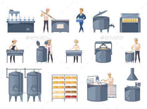 Dairy Production Cartoon Icons Set Cheese Farm, Factory Layout, Milk Processing, Christmas Party Poster, Cheese Factory, Food Manufacturing, Cheese Making, Music Festival Poster, Food Processing