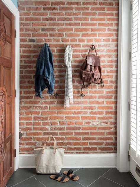 Brick Mudroom Wall, Entryway With Brick Wall, Natural Brick Wall Interior, Exposed Brick Mudroom, Entryway Brick Wall, Mudroom With Brick Wall, Exposed Brick Entryway, Exposed Brick Hallway, Brick Wall Mudroom