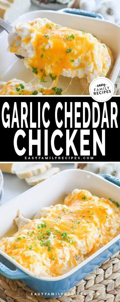 Gooey cheddar and BIG garlic flavor make this easy family dinner an instant win! Everyone will love the creamy, cheesy topping on this garlic cheddar chicken bake. Simple ingredients like cream cheese, sour cream, garlic, and cheddar and a fast 10 minute prep time make this a fantastic quick dinner idea for families. It’s the perfect busy weeknight meal that always delivers comforting, easy-to-love flavors to the table. Serve it with any of your favorite side dishes to make mealtime delicious! Recipes Using Chicken And Cream Cheese, Dinner With Cheddar Cheese, Chicken With Cheddar Cheese Soup, Quick And Easy Baked Chicken Recipes, Chicken Made With Cream Cheese, Cheddar Cheese Dinner Recipes, Sour Cream Chicken Recipes Easy, Cream Cheese Topped Chicken, Easy Few Ingredient Chicken Recipes