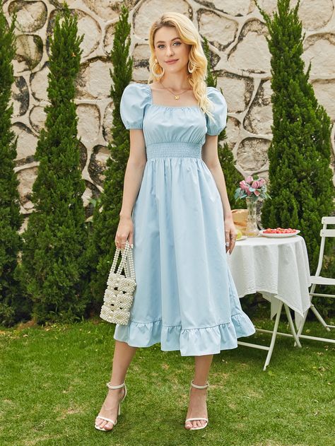 Jw Friends, Dusty Blue Fabric, Competition Outfit, Color Seasons, Frock And Frill, Casual Frocks, Clothing Aesthetic, Fantasy Dress, Midi Dress Summer