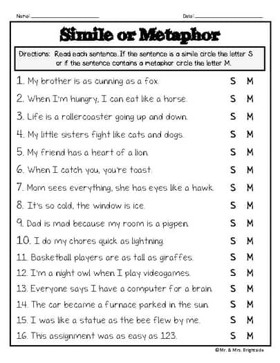 Figurative Language - Similes and Metaphors Extra Practice | TPT Simile And Metaphor Worksheets, Simile Examples, Teach Quote, Simile Activities, Metaphor Activities, Elementary Grammar, Real Witchcraft, Simile Worksheet, Figurative Language Activity