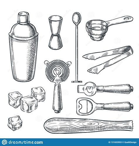 Illustration about Cocktail bar tools and equipment sketch illustration. Hand drawn icons and design elements for bartender work. Illustration of hand, food, bartender - 131653993 Tattoo Bar, Cocktail Tools, Drawn Icons, Cupcake Drawing, Cocktail Illustration, Tattoo Fails, Hand Drawn Icons, Cocktail Book, Embroidery Digitizing