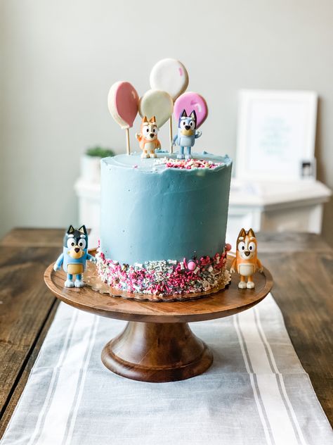 Bluey Cake Ice Cream, Third Birthday Cake Girl, Birthday Cake Bluey Theme, Homemade Bluey Cake, Bluey Cake Easy, Third Birthday Bluey, Simple Bluey Cake Ideas, Pink Bluey Birthday Cake, Bluey Cake Ideas Easy