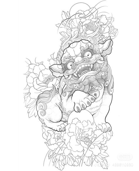 Deer Skull Drawing, Cat Eye Tattoos, Japanese Foo Dog, Dragon Tattoo Stencil, Foo Dog Tattoo Design, Samurai Tattoo Sleeve, Tibetan Tattoo, Foo Dog Tattoo, Tiger Tattoo Design