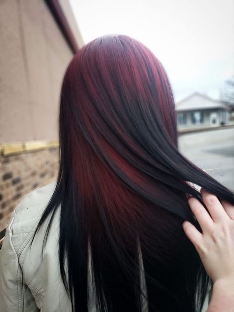 Long Black Hair Red Highlights, Dark Blue Festival Outfit, Different Purple Hair Colors, Layers With Face Framing Medium Hair, Dyed Hair Inspiration Unique, Alt Hair Color Ideas For Brunettes, Outfits With Colored Hair, Black And Colored Hair Short, Red Ghost Roots Black Hair