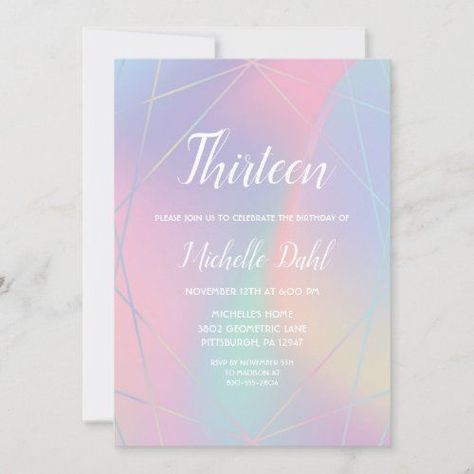 $ 2.9 | Rainbow Iridescent Pastel Geometric Birthday #pastel, geometric, rainbow, iridescent, birthday, teen girl birthday, modern glam, sweet sixteen, thirteen, birthday invitation Iridescent Birthday, Thirteen Birthday, Birthday Teen, Dance Party Birthday, Geometric Rainbow, Diy Birthday Invitations, Floral Birthday Invitations, Rainbow Iridescent