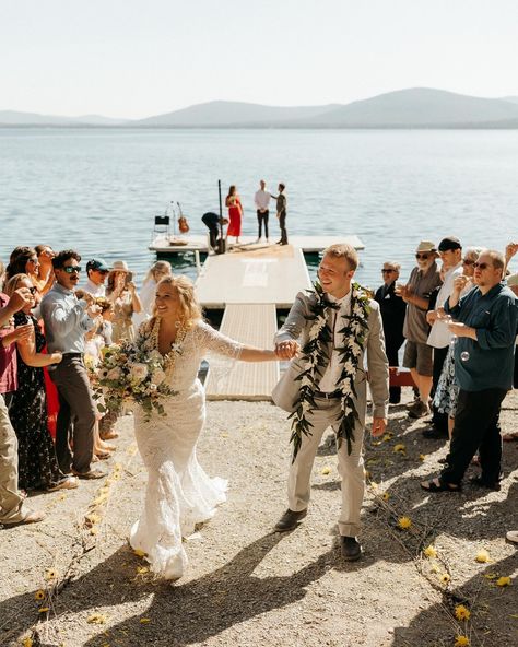 Favorite ceremony location I’ve ever seen, no question. Sarah & Sam exchanged vows on this dock on Little Bitterroot Lake during their summer camp themed wedding last year. The private beach provided perfect stadium-style viewing for their family and friends while curious kayakers paddled around the cove. I’m looking so forward to another fun summer packed with awesome and unique wedding days like this! ✨ // #wedding #summerwedding #montanawedding #montanabride #weddingphotographer #elopeme... Wedding On Dock, Camp Themed Wedding, Montana Bride, Summer Packing, Ocean Wedding, The Cove, Montana Wedding, Days Like This, Private Beach