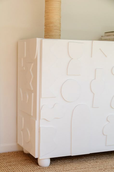 Before & After: DIY Abstract Cabinet (a Bunnings hack!) — Smor Home Cube Unit Upcycle, Diy Flipping Furniture, Plaster Furniture Design, Textured Furniture Diy, Upcycled Credenza, Cube Storage Hack, Diy Cabinet Makeover, Upcycle Cabinet, Diy Credenza