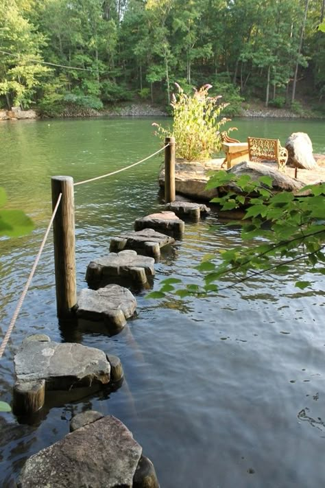 This would be probably the best addition to a back yard ever...if i ever lived on a lake or pond Rock Path, Taman Air, Lake Living, Natural Pool, Enchanted Garden, A Park, Dream Garden, Garden Bridge, Land Scape